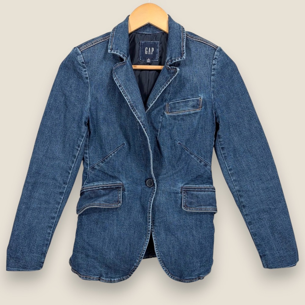 Gap Denim Jean Blazer Jacket Women Size 0 Petite Blue Indigo Cotton Casual Flap